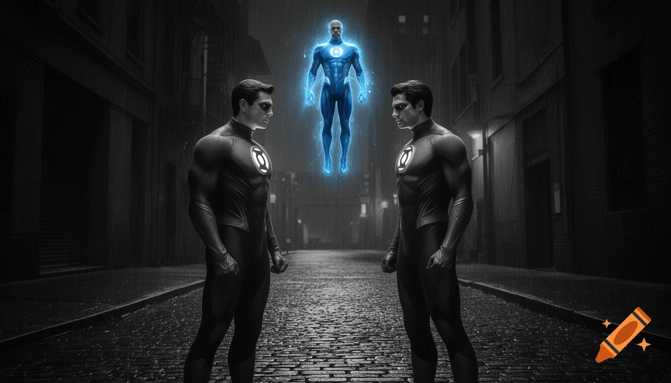 Two dark-suited superheroes face each other in a rainy, black-and-white alley, with a third blue-glowing superhero floating above them.