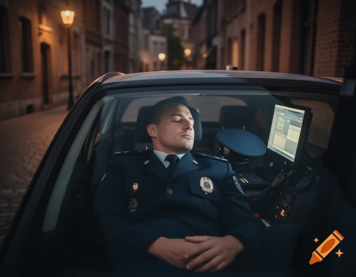A police officer in uniform sleeps inside a patrol car at night on a cobblestone street, with a police cap and computer screen visible next to him.