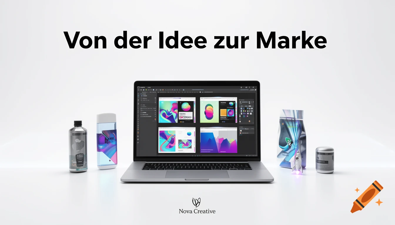 A laptop displaying branding design processes, flanked by product packaging on a clean white surface, with text reading 'Von der Idee zur Marke' and 'Nova Creative'.