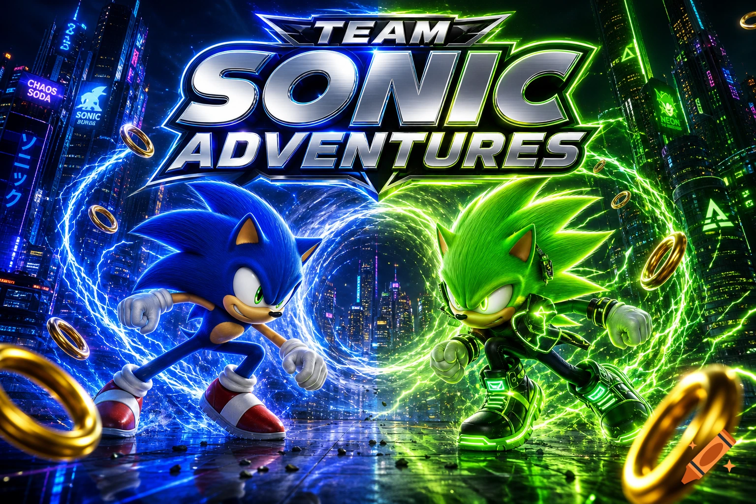Team Sonic Adventures logo with blue Sonic and green Neon the Hedgehog running amidst glowing rings in a futuristic city.