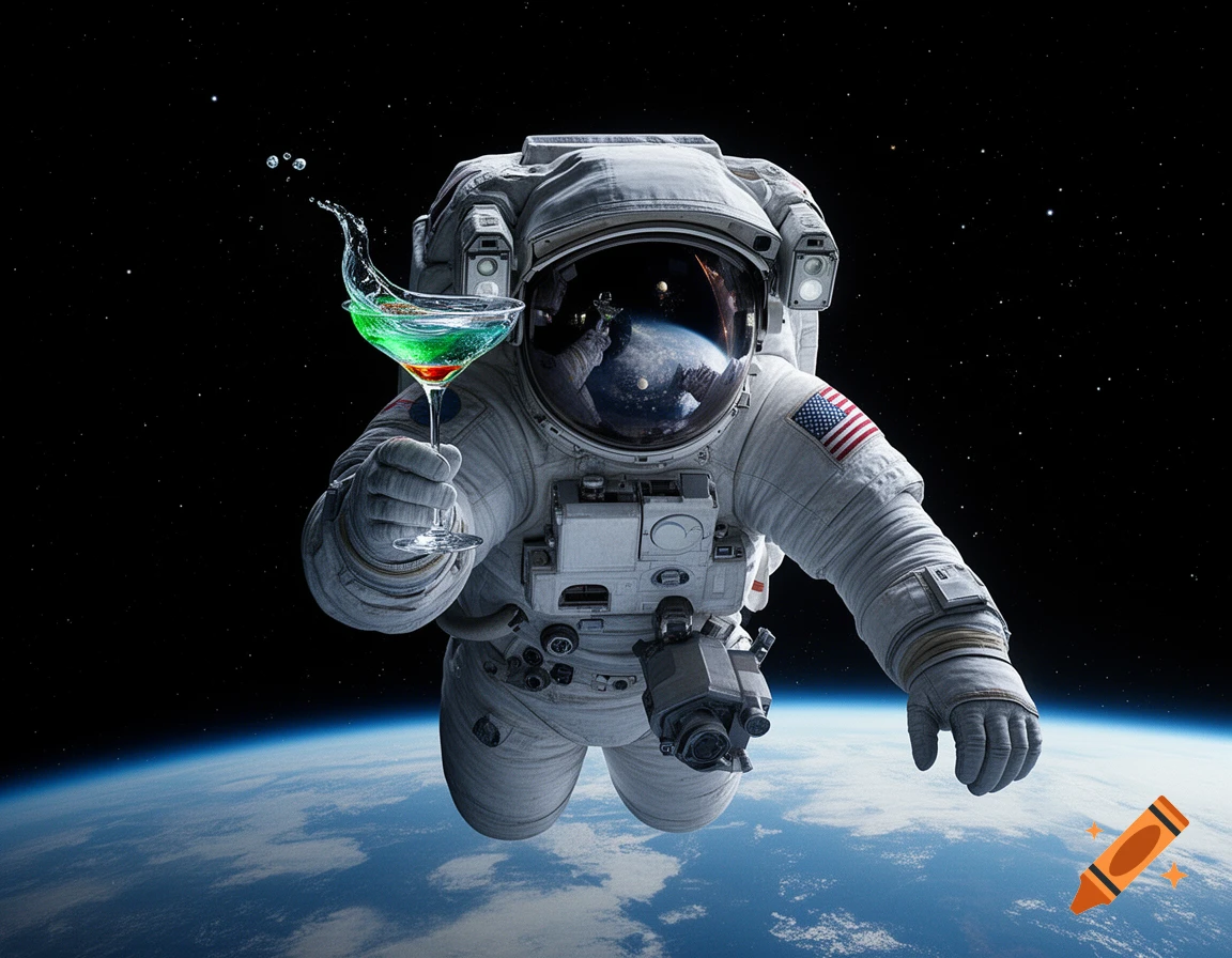 A photorealistic astronaut in a white suit floats in space, holding a green and red cocktail with a splash, above Earth.