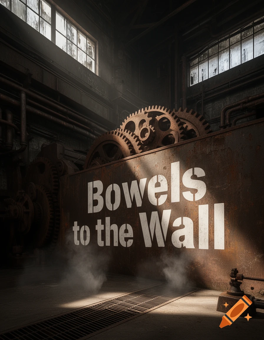 Gritty, photorealistic view inside a rusty industrial building with large gears and 'Bowels to the Wall' stenciled on the metal wall.