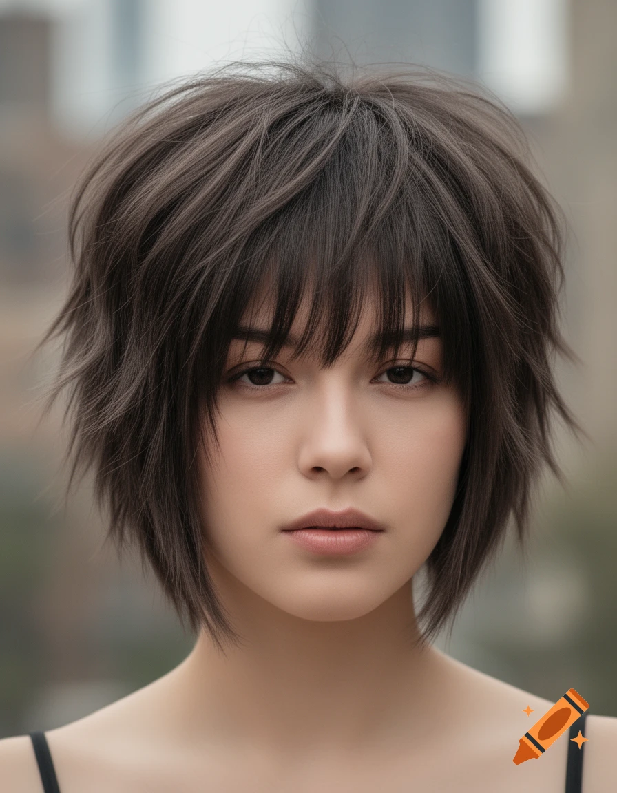 A close-up portrait of a young woman with a short, messy wolfcut and curtain bangs, looking directly at the viewer.