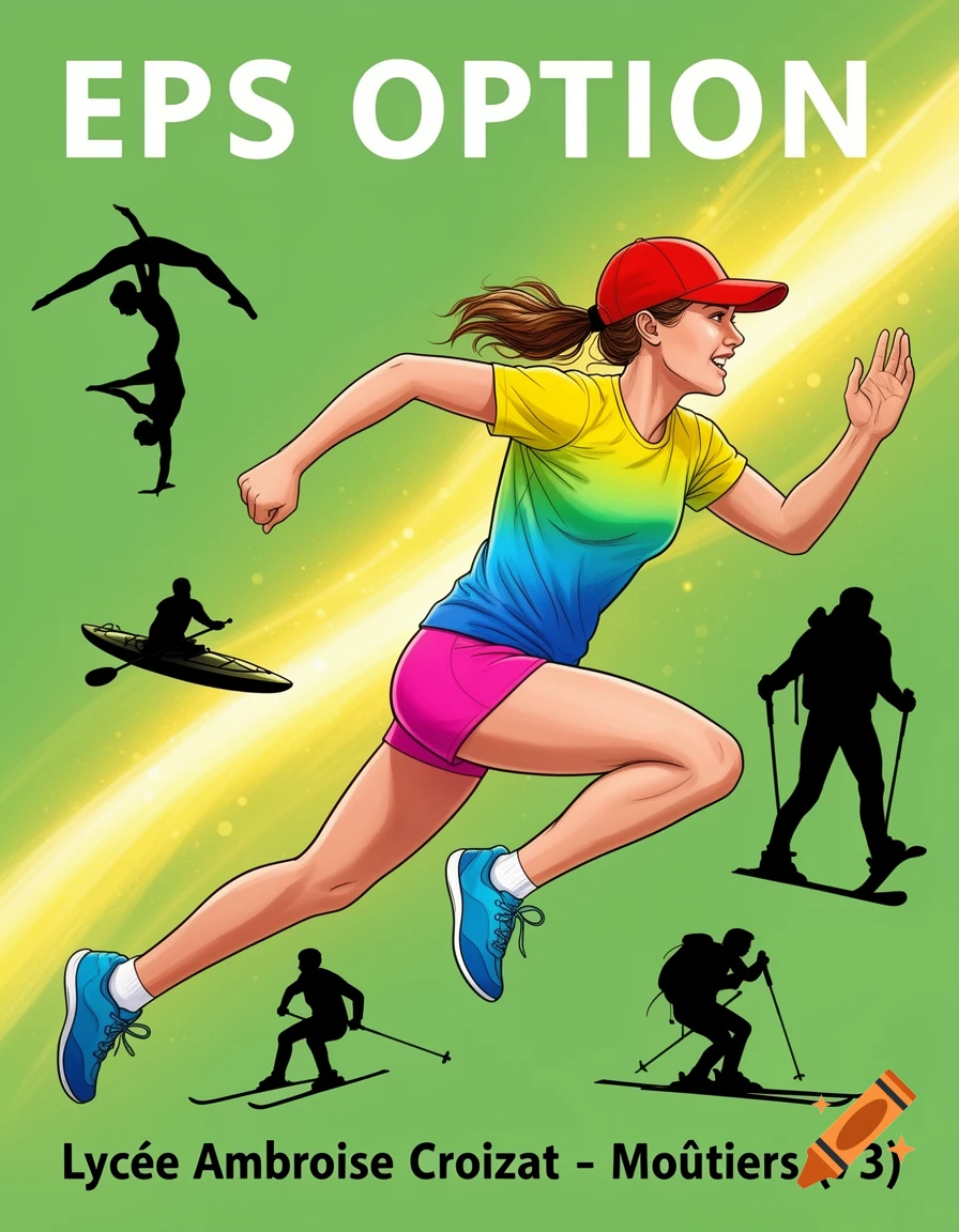 Vibrant illustration of a female runner with various sports silhouettes and text 'EPS OPTION' for Lycée Ambroise Croizat.