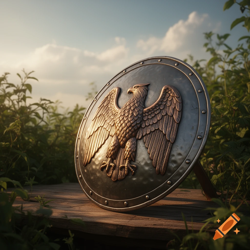 A metallic shield with a golden embossed eagle emblem stands on a wooden surface amidst green foliage under a cloudy sky.