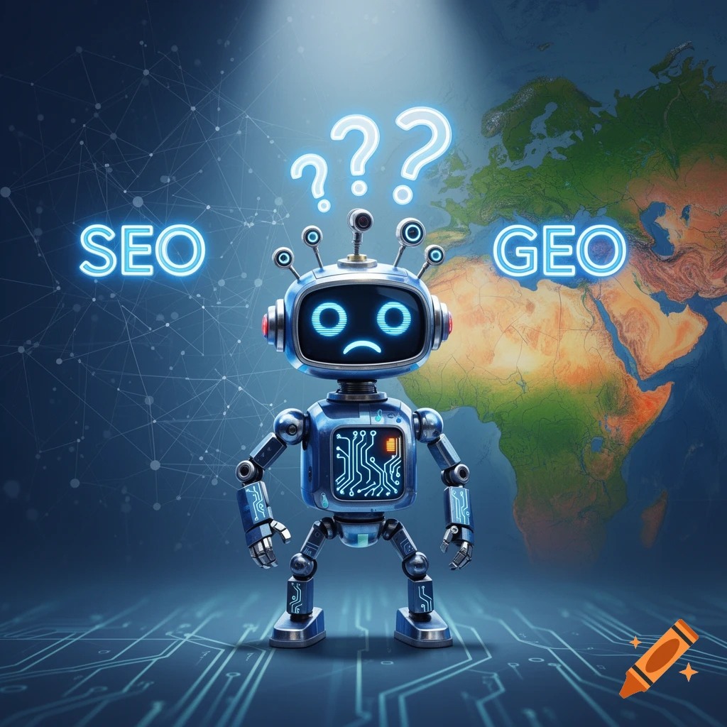 A confused robot with question marks above its head, standing between 'SEO' and 'GEO' text, with a world map and circuit board background.