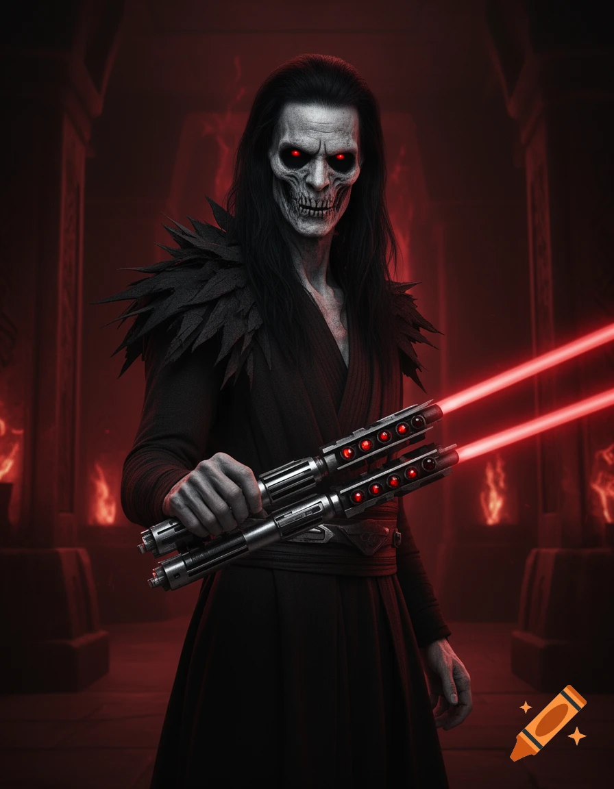 A skeletal figure with long black hair, glowing red eyes, and dark robes holds two red lightsabers in a dimly lit, red-hued temple.
