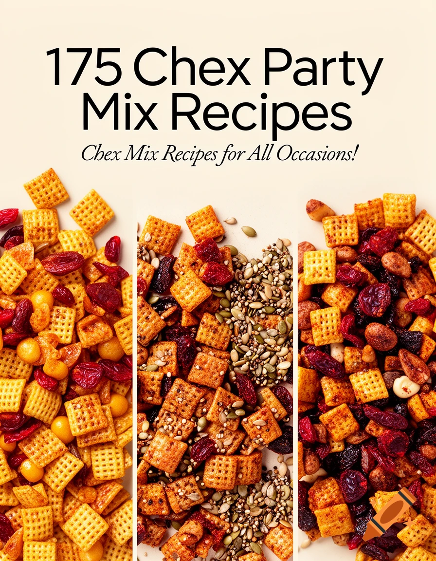 A modern recipe book cover for "175 Chex Party Mix Recipes," featuring three vertical sections of different Chex mixes with dried fruit, nuts, and seeds.
