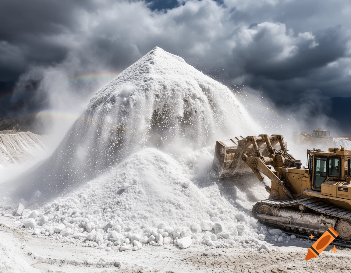A large bulldozer works on a massive white pile, likely salt, under a dramatic, cloudy sky with a faint rainbow.