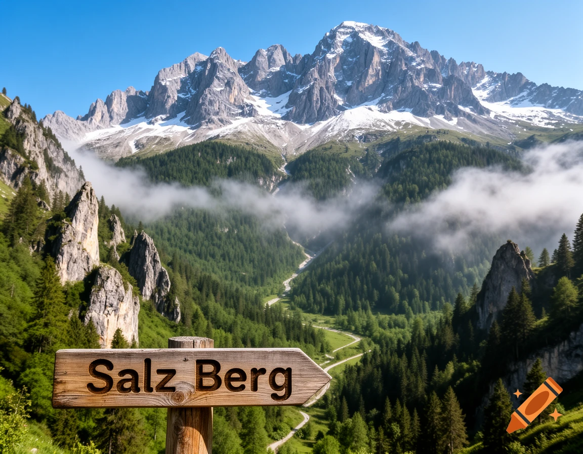 A scenic view of a vast mountain range with snowy peaks, a forested valley, and a winding road, with a wooden sign in the foreground reading 'Salz Berg'.