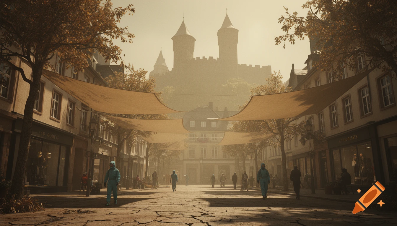 Photorealistic concept art of Bad Godesberg in 2040, showing a hot, hazy, cracked city street with people in UV suits, under a castle.