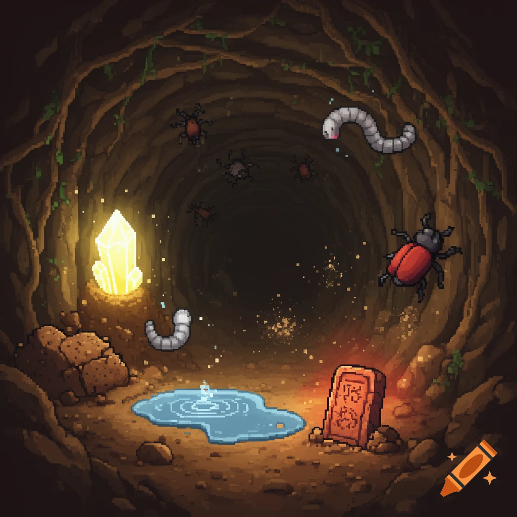 A pixel art subterranean cave with a glowing yellow crystal, a small pool of water, various insects, a worm, and a glowing red tablet.