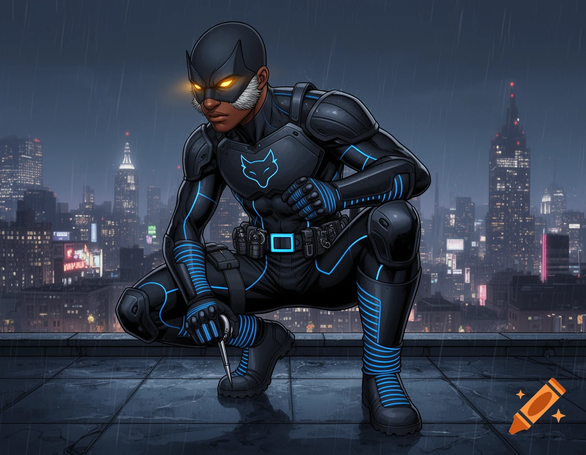 A Black American male superhero in a black and blue suit with glowing amber eyes crouches on a rainy rooftop overlooking a city skyline at night, in a cinematic manga art style.