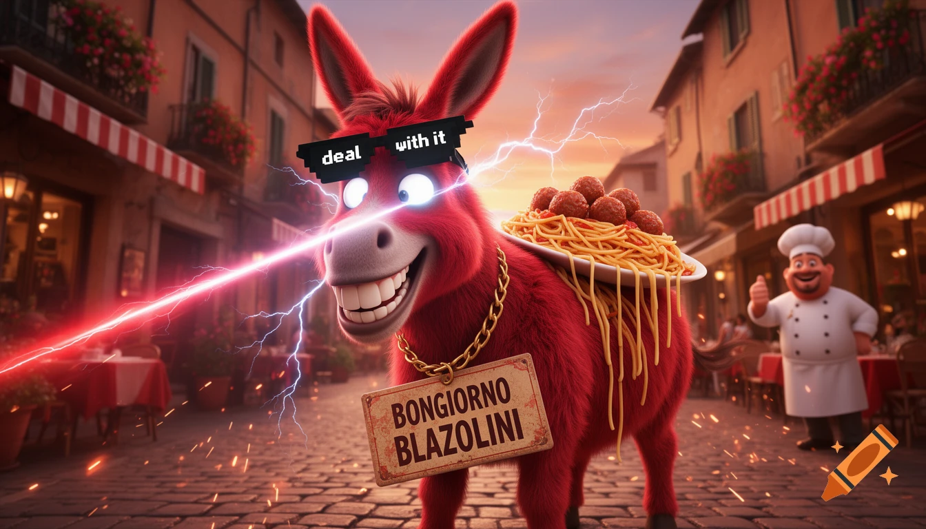 A smiling red donkey with laser eyes and pixelated "deal with it" sunglasses stands in an Italian street, spaghetti on its back, a sign reading "BONGIORNO BLAZOLINI" and a chef giving a thumbs up in the background.