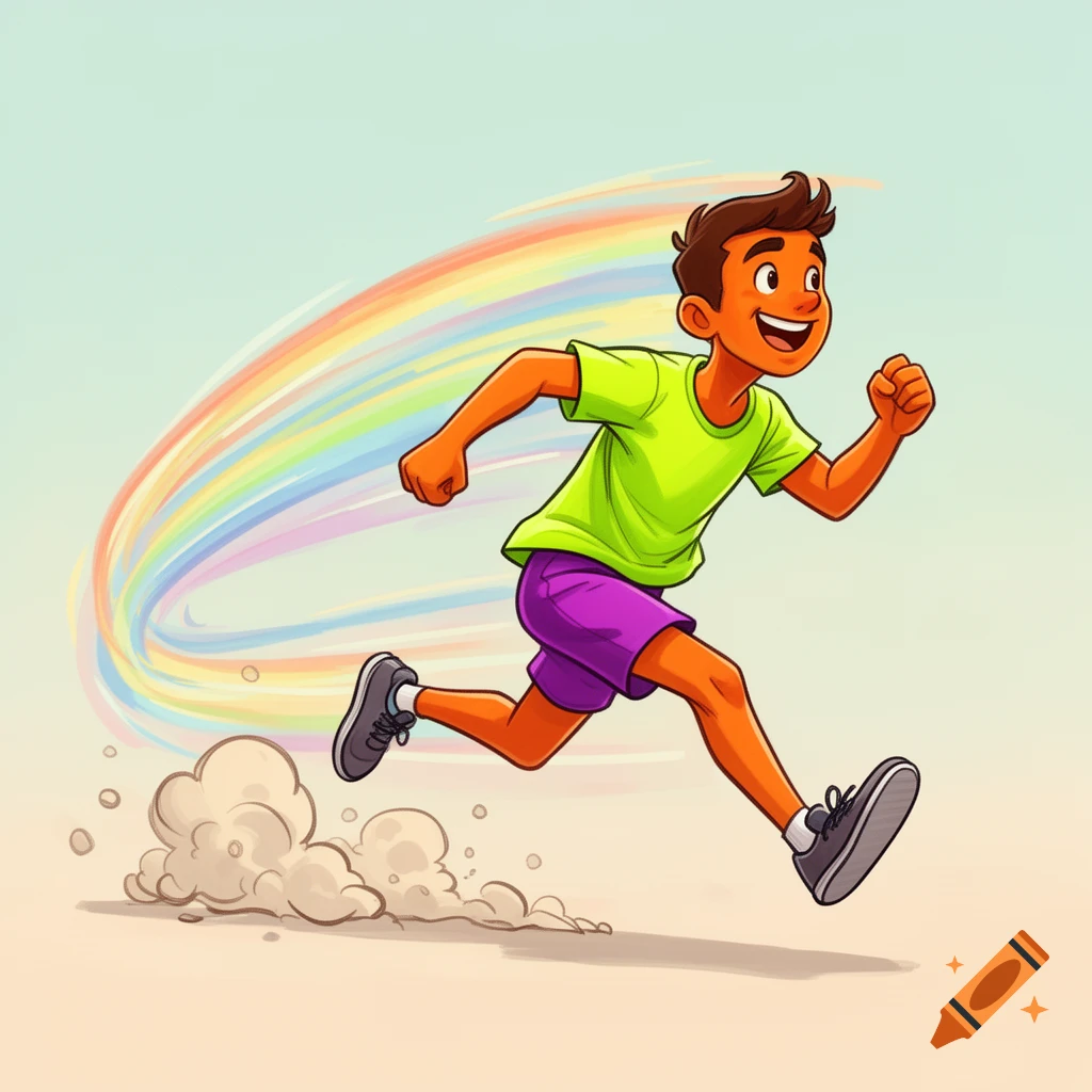 A cartoon boy in a green shirt and purple shorts runs with a wide smile, leaving a rainbow trail and dust clouds.