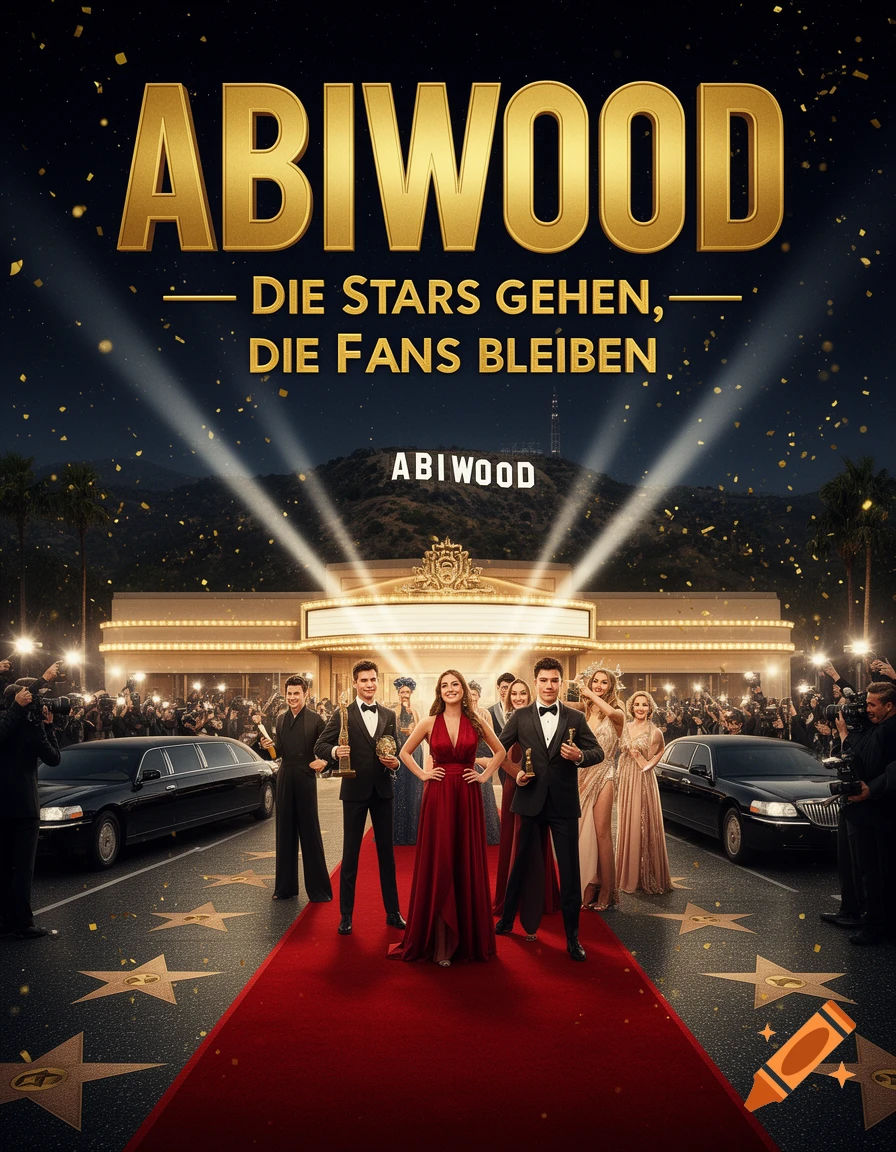 Glamorous 'ABIWOOD' movie poster depicting a red carpet premiere with formally dressed people, paparazzi, and a Hollywood-style sign at night.
