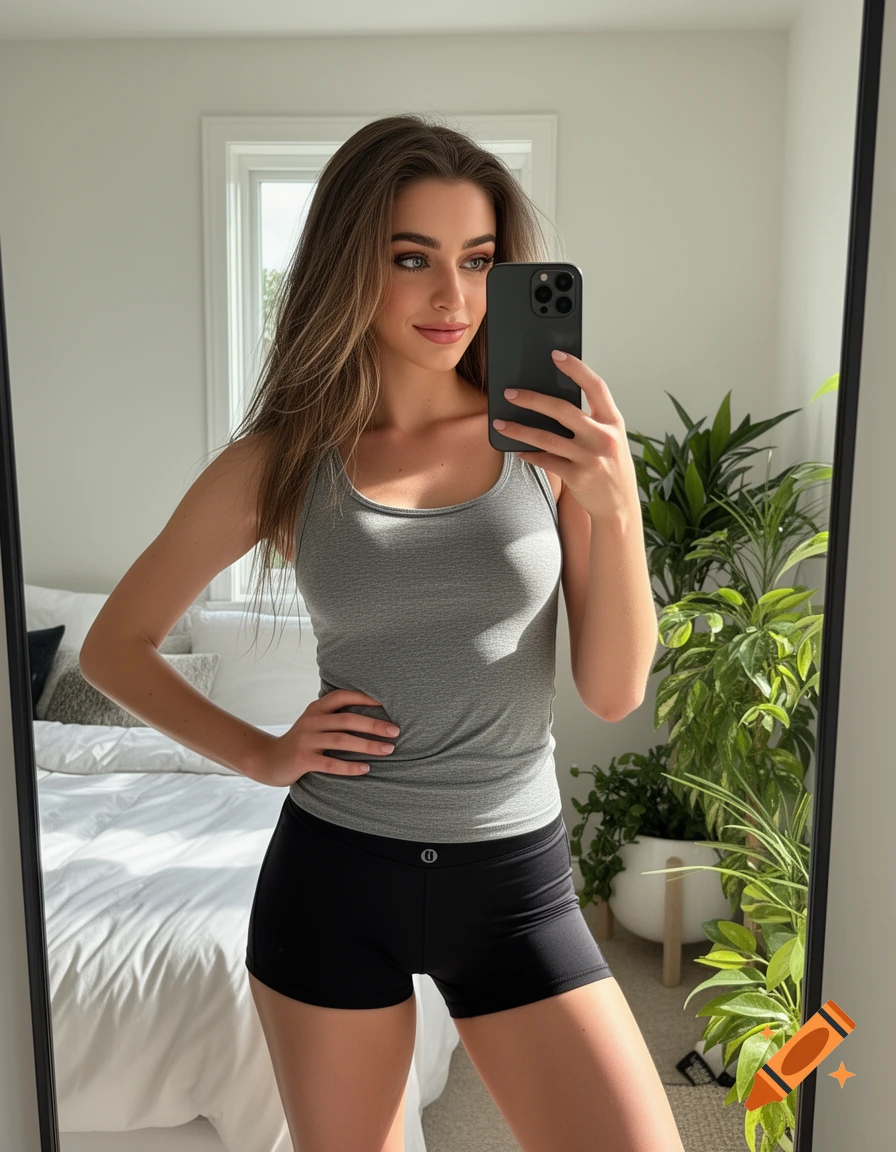 Young woman with long hair taking a mirror selfie in a bedroom, wearing a gray tank top and black shorts.