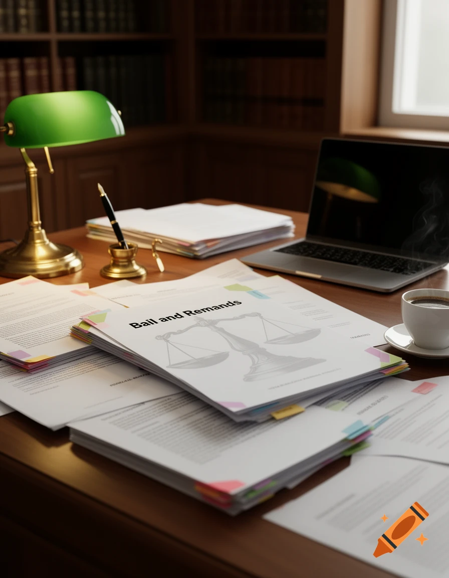 A cluttered wooden desk in a law office with legal documents, a green desk lamp, a laptop, and a coffee cup.