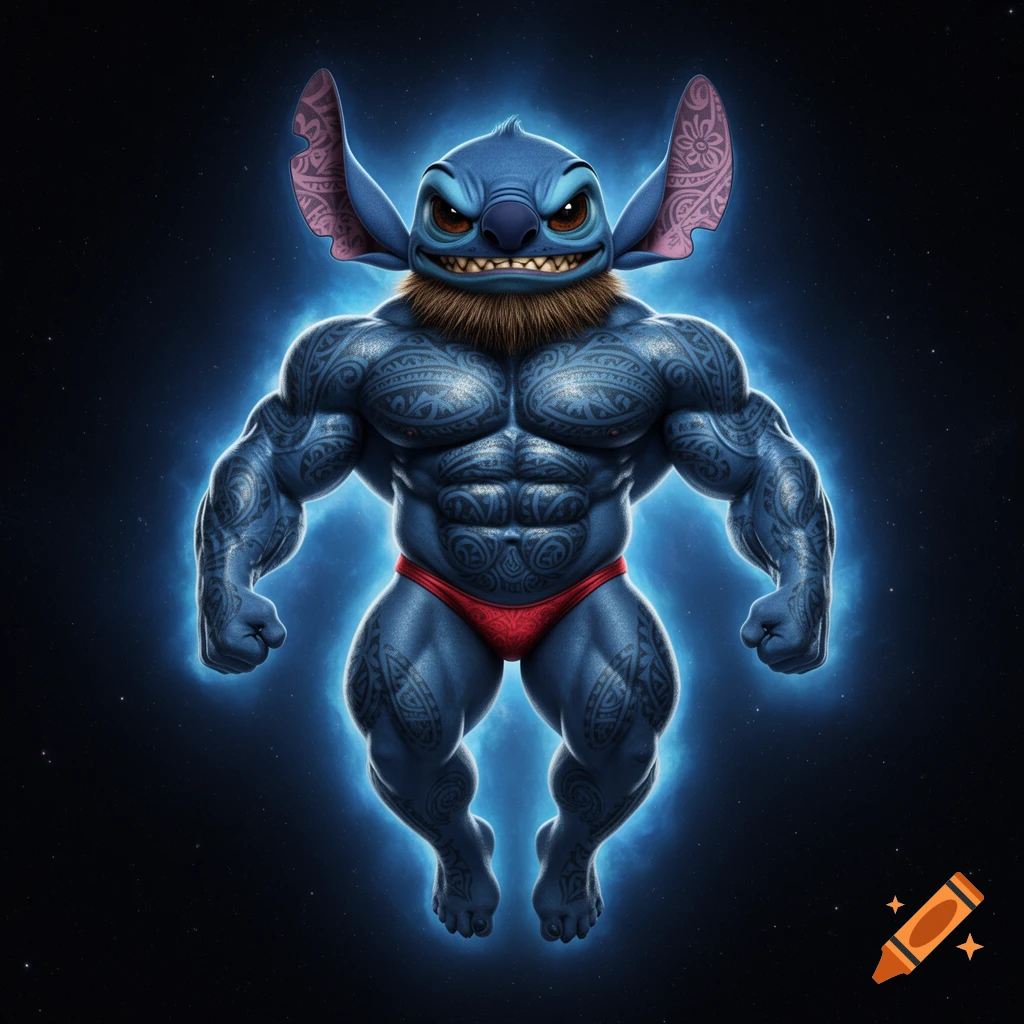Hyper-realistic full-body image of a muscular Stitch from Lilo & Stitch, with Polynesian tattoos and a beard, wearing a red posing thong, floating in space with a blue aura.