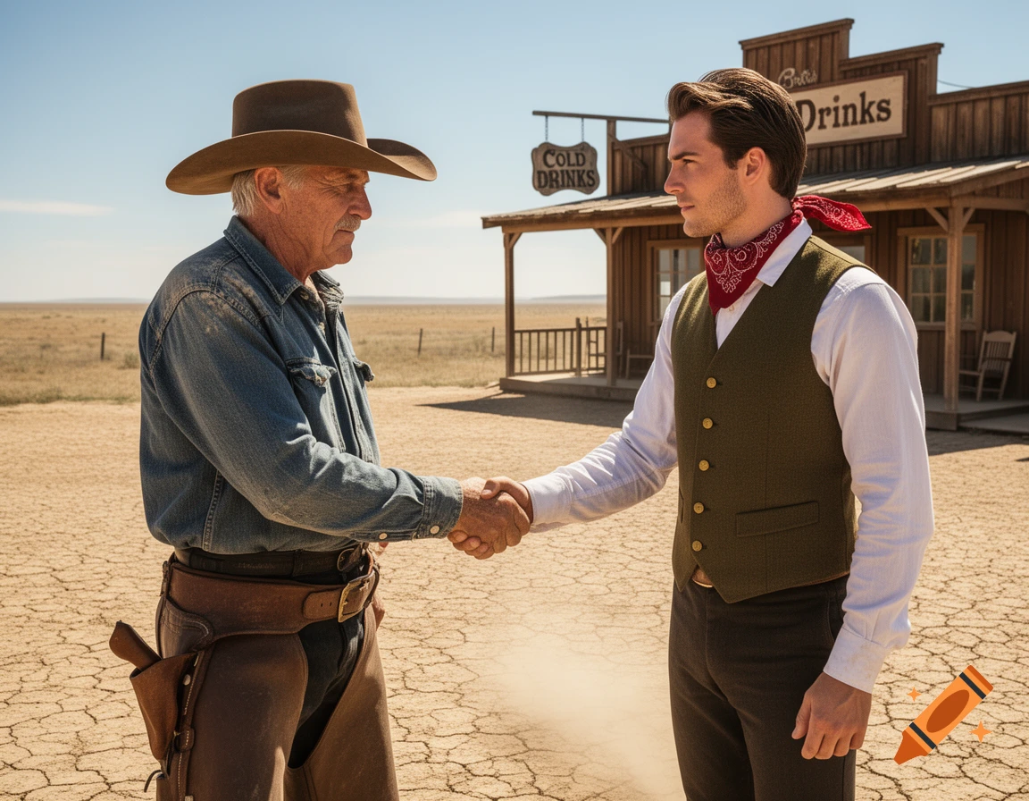 Two men, one an older cowboy and the other in a vest and bandana, shake hands in a dusty Western town with a 'Cold Drinks' sign.