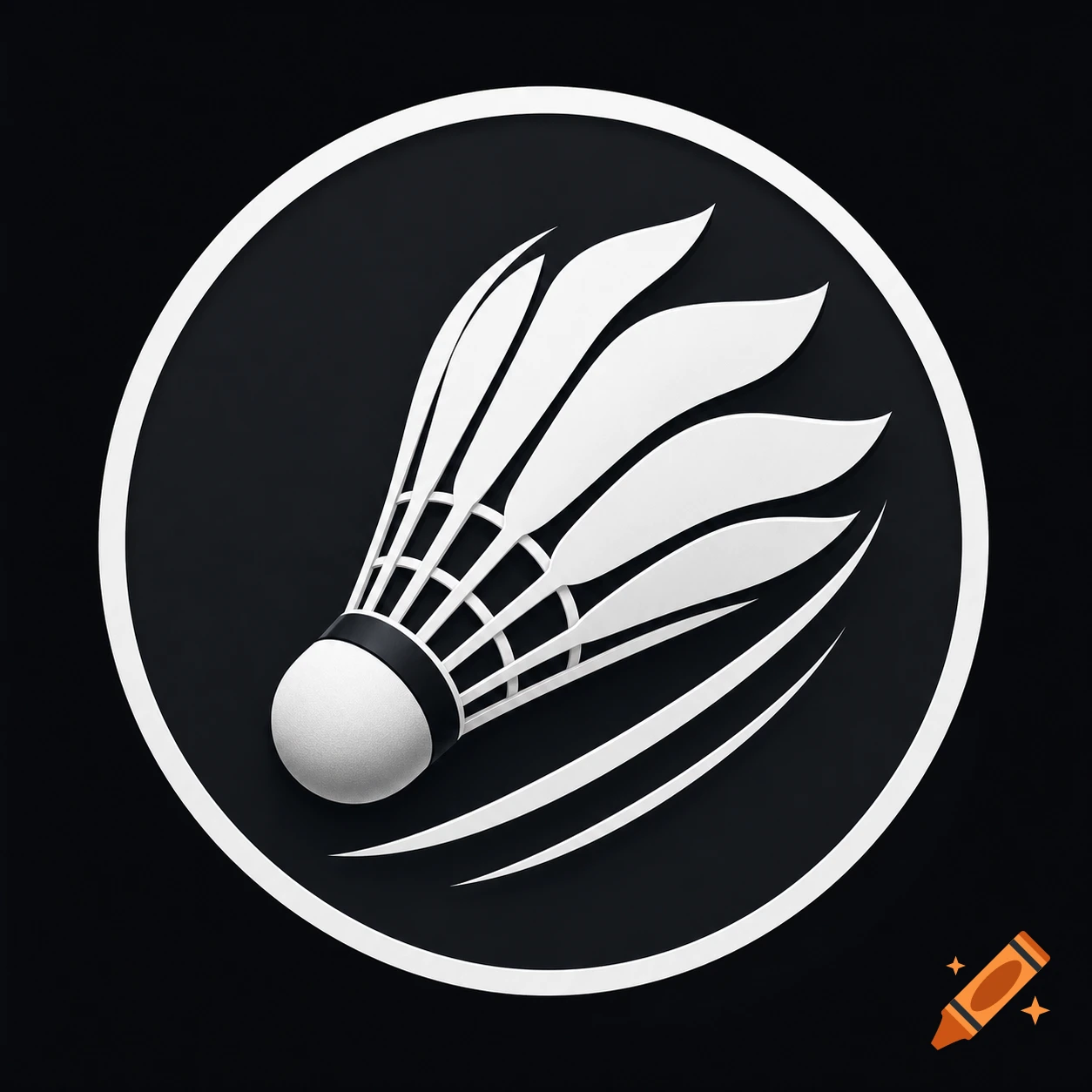 Stylized white badminton shuttlecock logo with motion lines inside a white circle on a dark background.