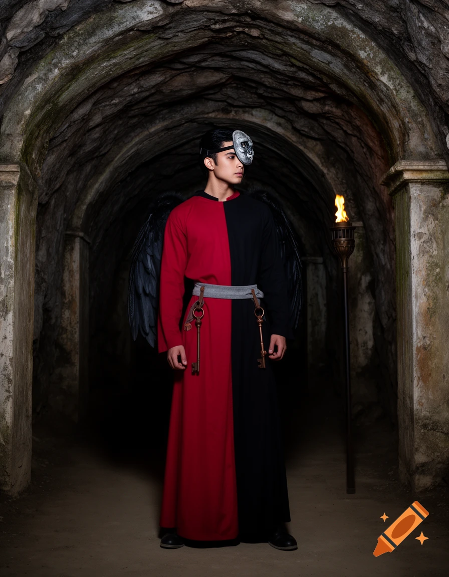 A young man in a red and black tunic, black wings, and a skull-like mask stands in a dark stone tunnel lit by a torch.