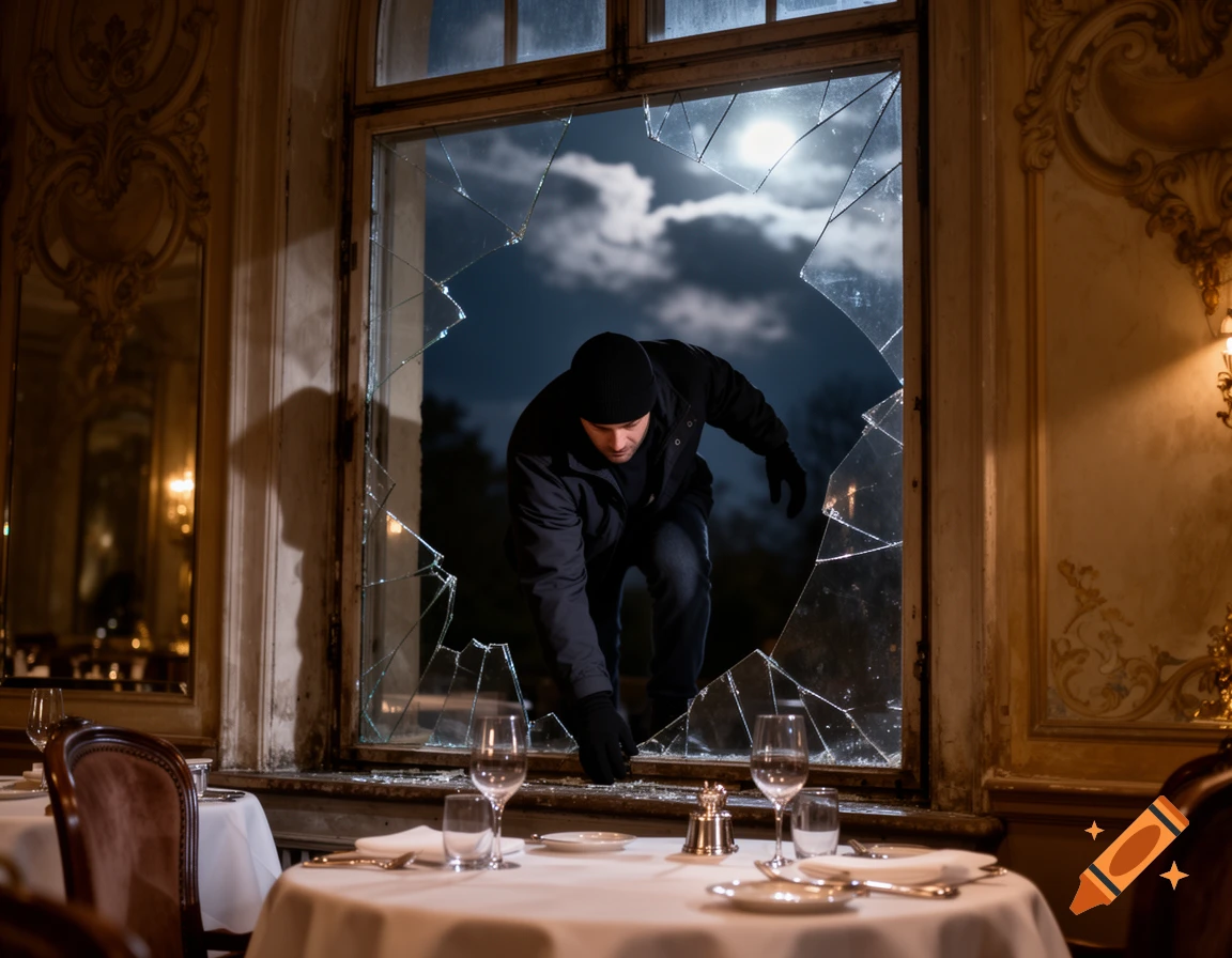 A photorealistic image of a thief breaking into a luxurious restaurant through a shattered window at night, illuminated by moonlight.