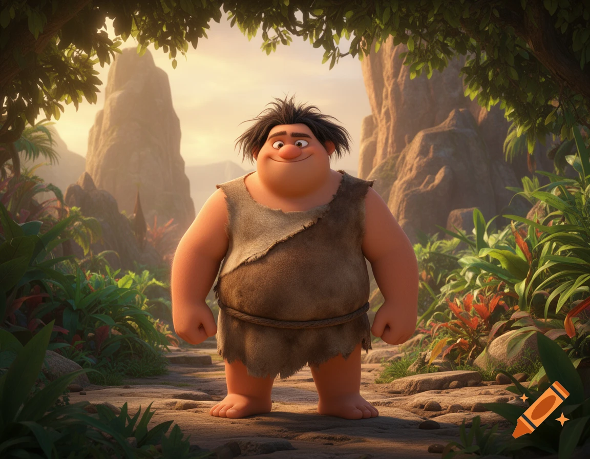 A smiling, stout, cartoon caveman with messy black hair and a brown tunic stands on a dirt path in a lush prehistoric jungle.