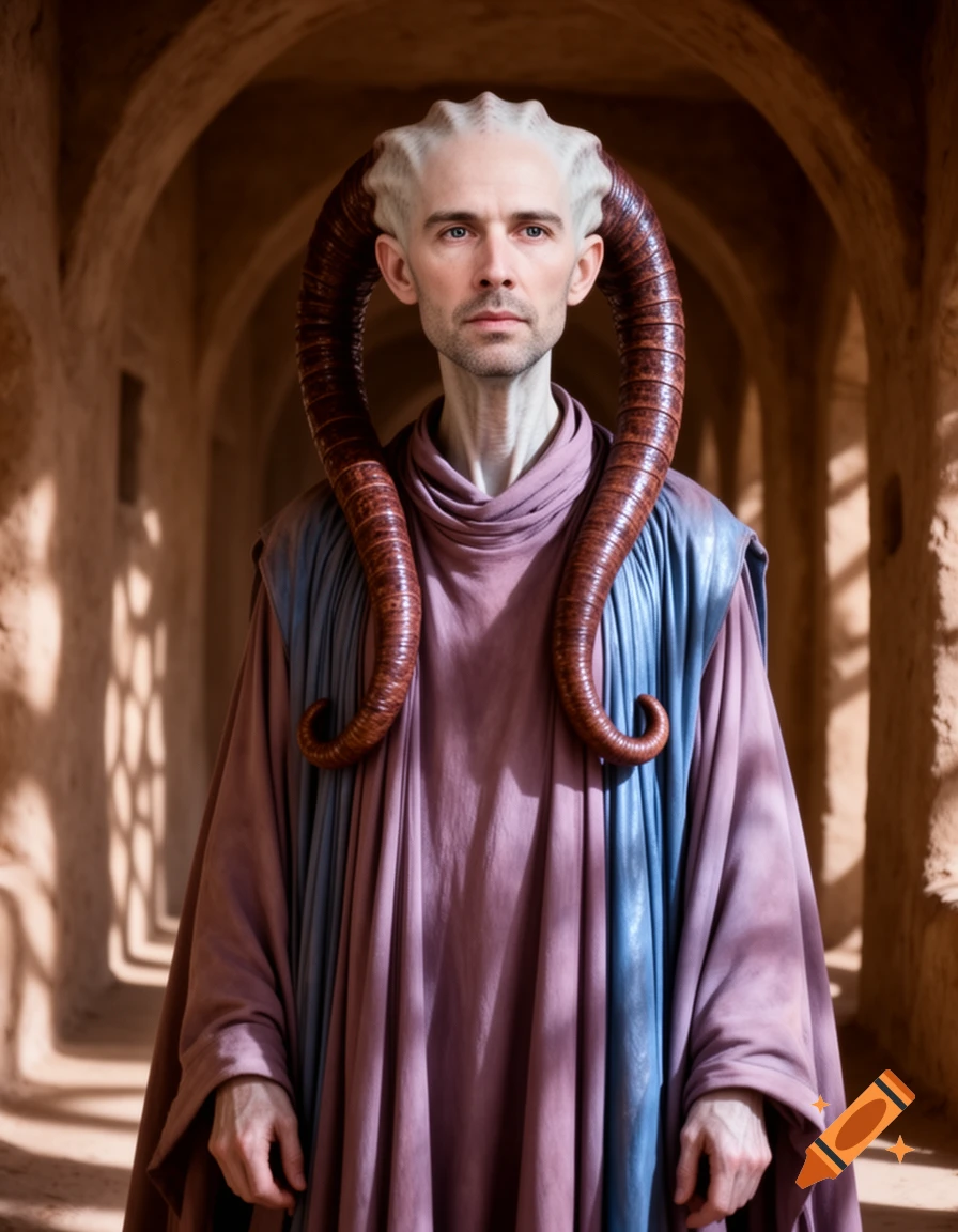 A man with pale, ridged skin and large brown horns wears purple and blue robes in an arched, sand-colored corridor.