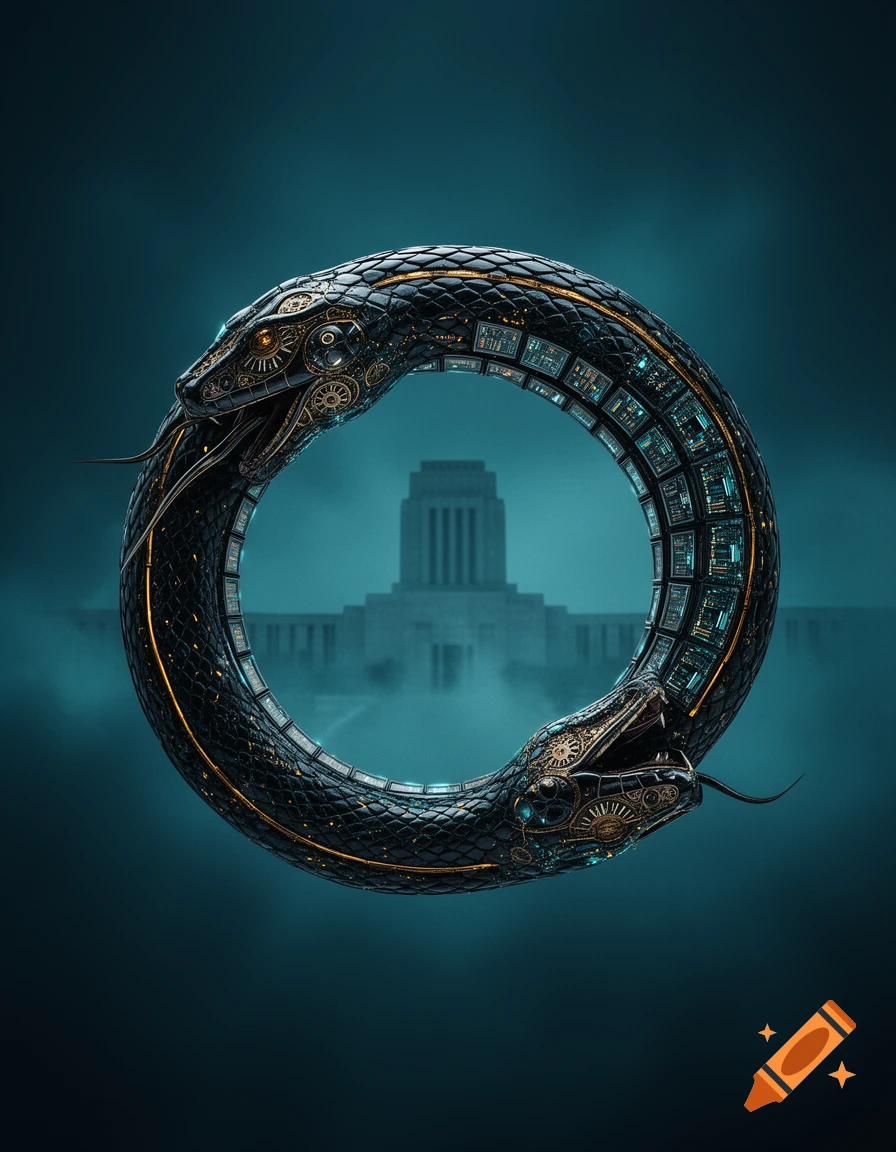 A detailed metallic mechanical Ouroboros snake with clockwork and circuits bites its tail, set against a hazy brutalist building under a teal sky.