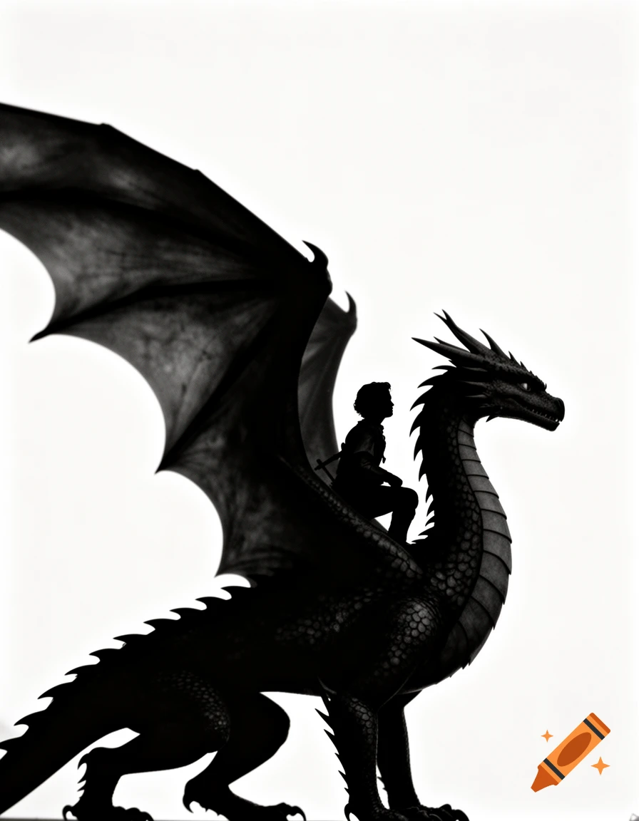 Black silhouette of a person riding a large winged dragon against a stark white background.
