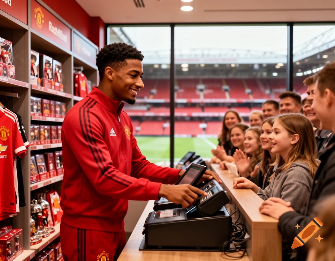 A smiling Marcus Rashford in a red tracksuit uses a cash register in a gift shop, as a group of children and adults watch enthusiastically, with a stadium visible outside.