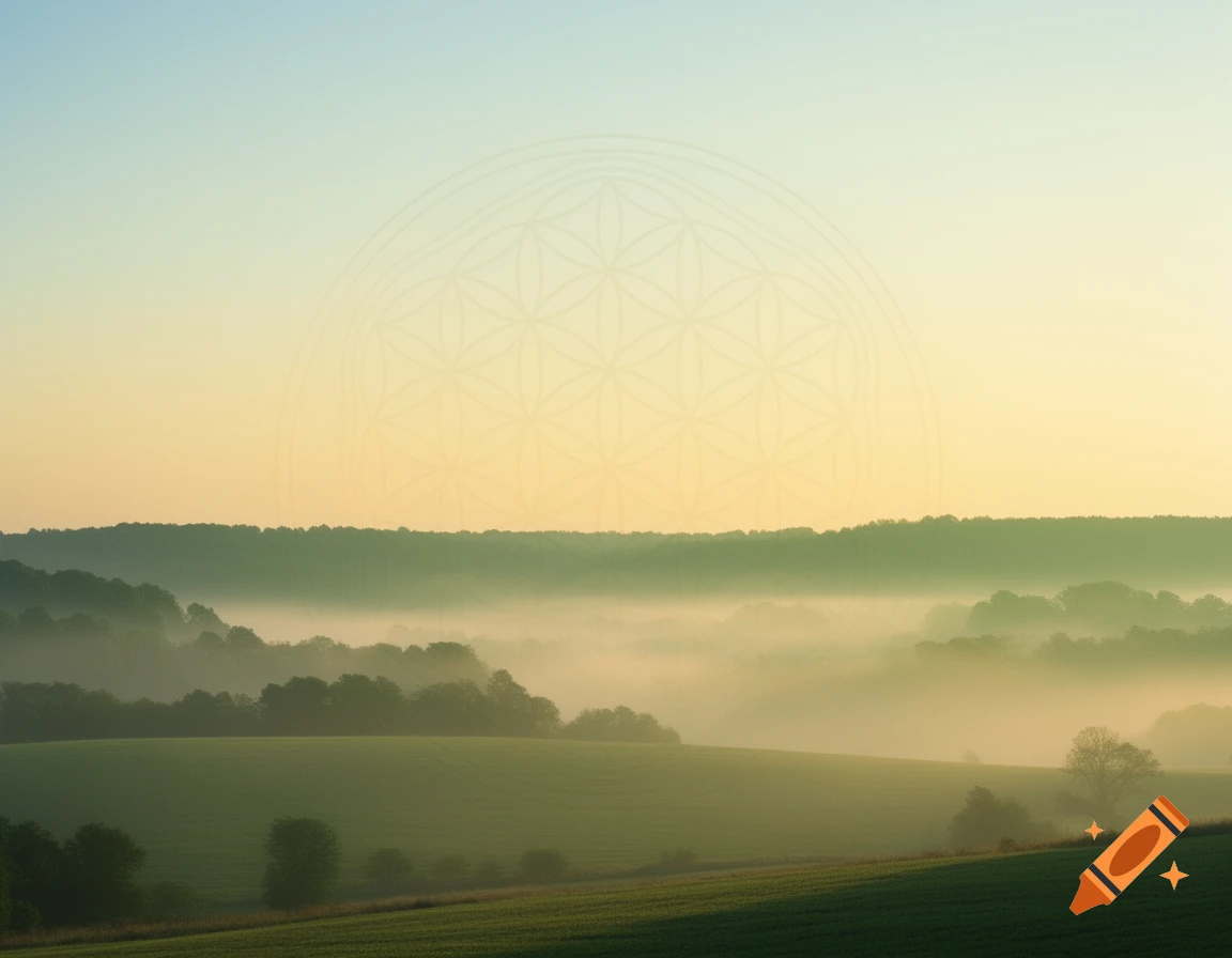 A serene morning landscape with misty fields and forests under a soft sunrise and a faint geometric Flower of Life symbol in the sky.