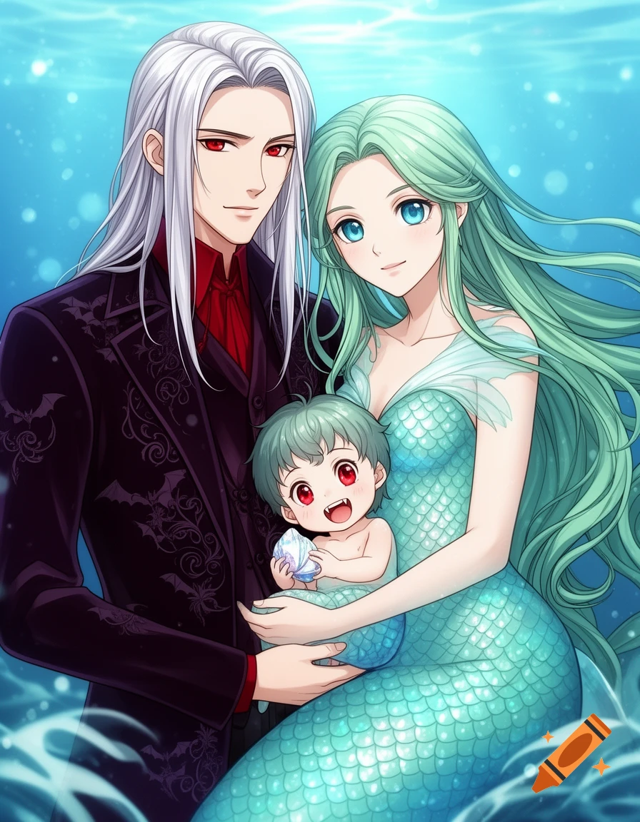 Anime portrait of a vampire man, mermaid woman, and their child underwater.
