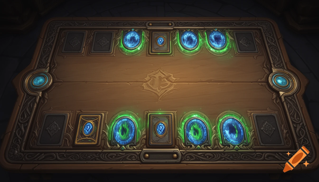 Top-down view of an ornate, glowing card game board with multiple card slots and magical blue-green energy effects.