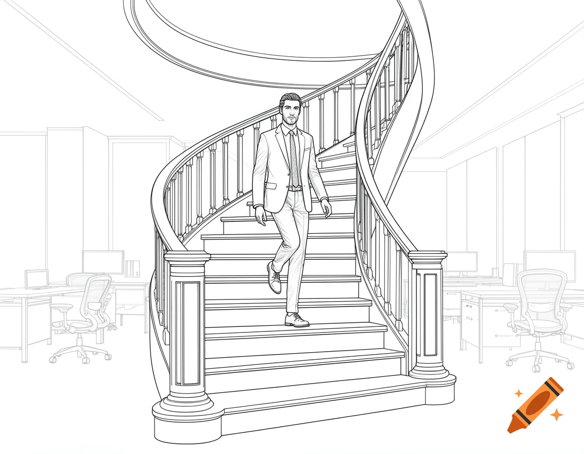 Line art of a man in a suit walking down a spiral staircase in an office.