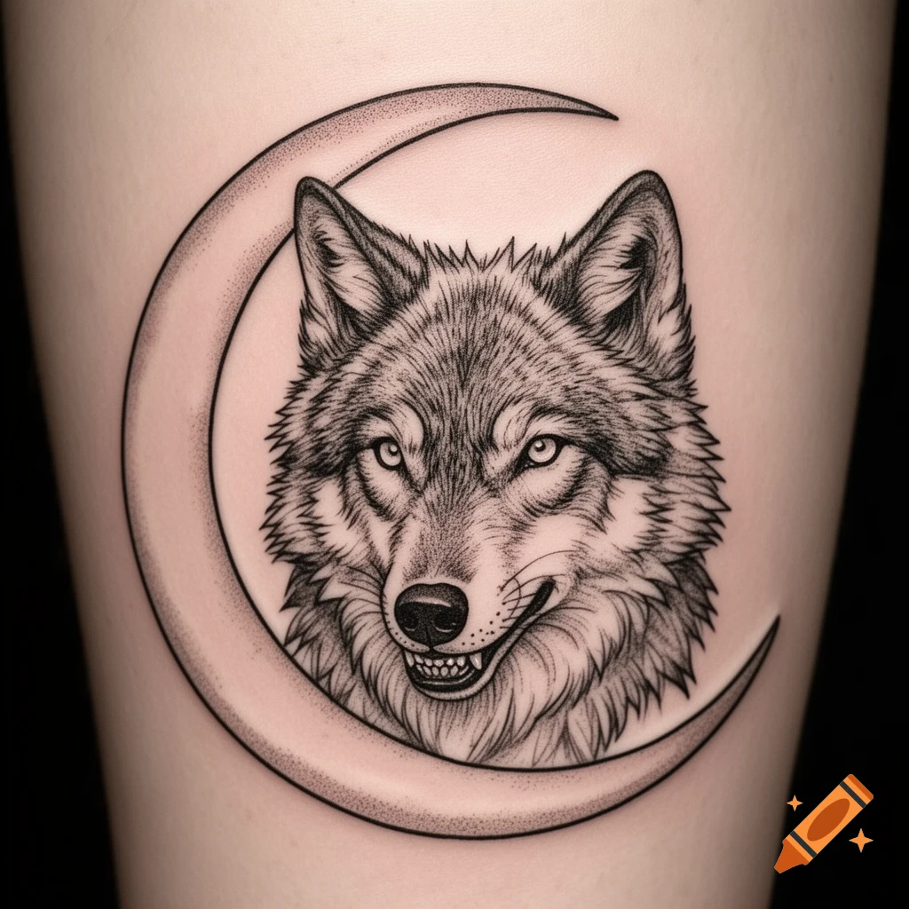 A fine line tattoo featuring a detailed, snarling wolf face with bared teeth, framed by a crescent moon on skin.
