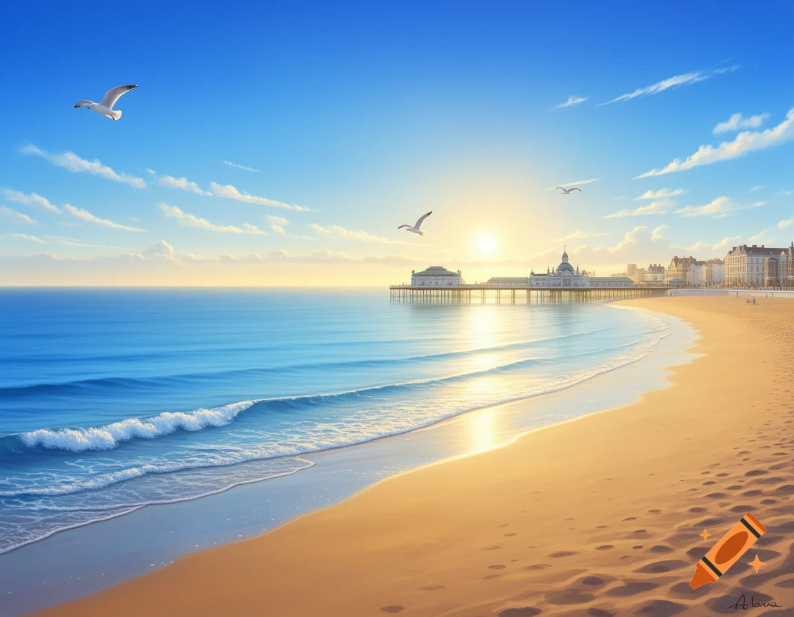 A serene beach at sunrise or sunset, featuring golden sand, blue ocean waves, a long pier with buildings, and a coastal town under a clear sky with flying seagulls.