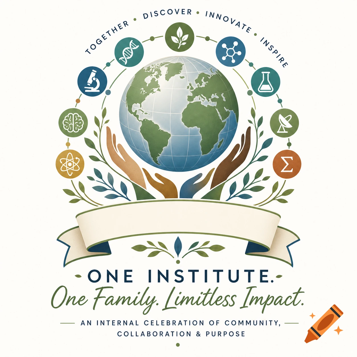 Illustration of a logo with a globe held by hands, surrounded by scientific icons and text 'One Institute. One Family. Limitless Impact.'