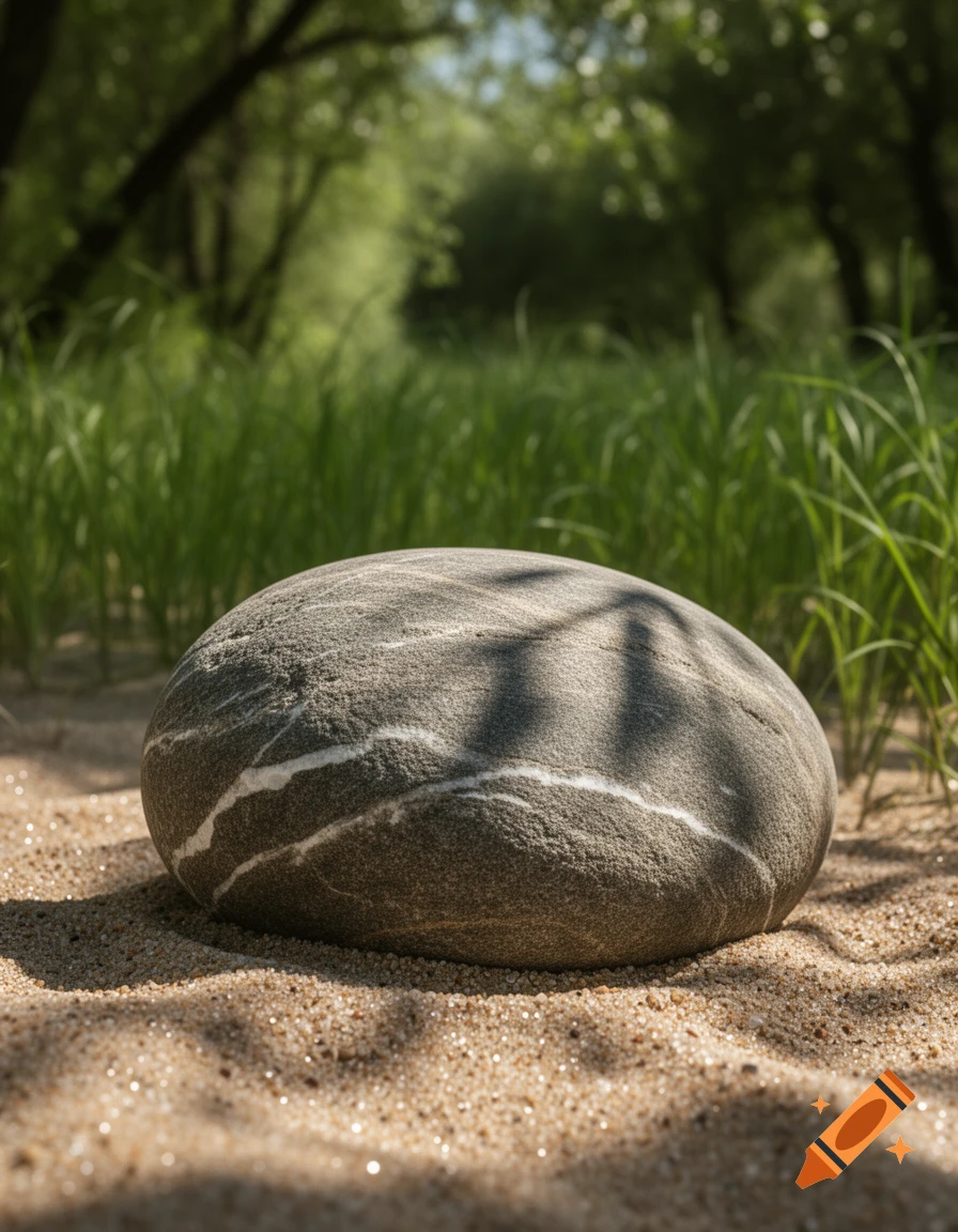 A close-up, photorealistic shot of a smooth, grey river rock with white stripes, resting on sandy ground with green grass and blurred trees in the background.