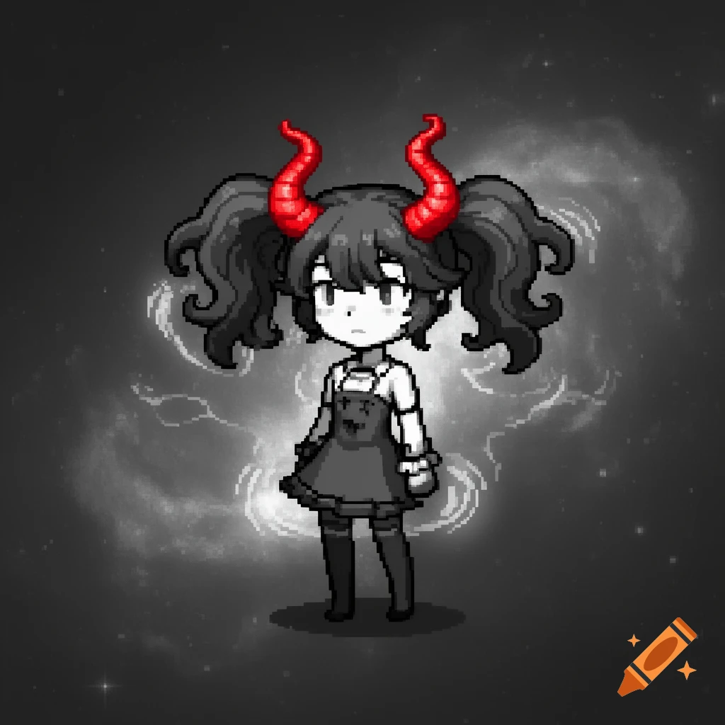 Pixel art of a grayscale girl with black pigtails, red horns, and a dark dress, standing against a swirling gray background.