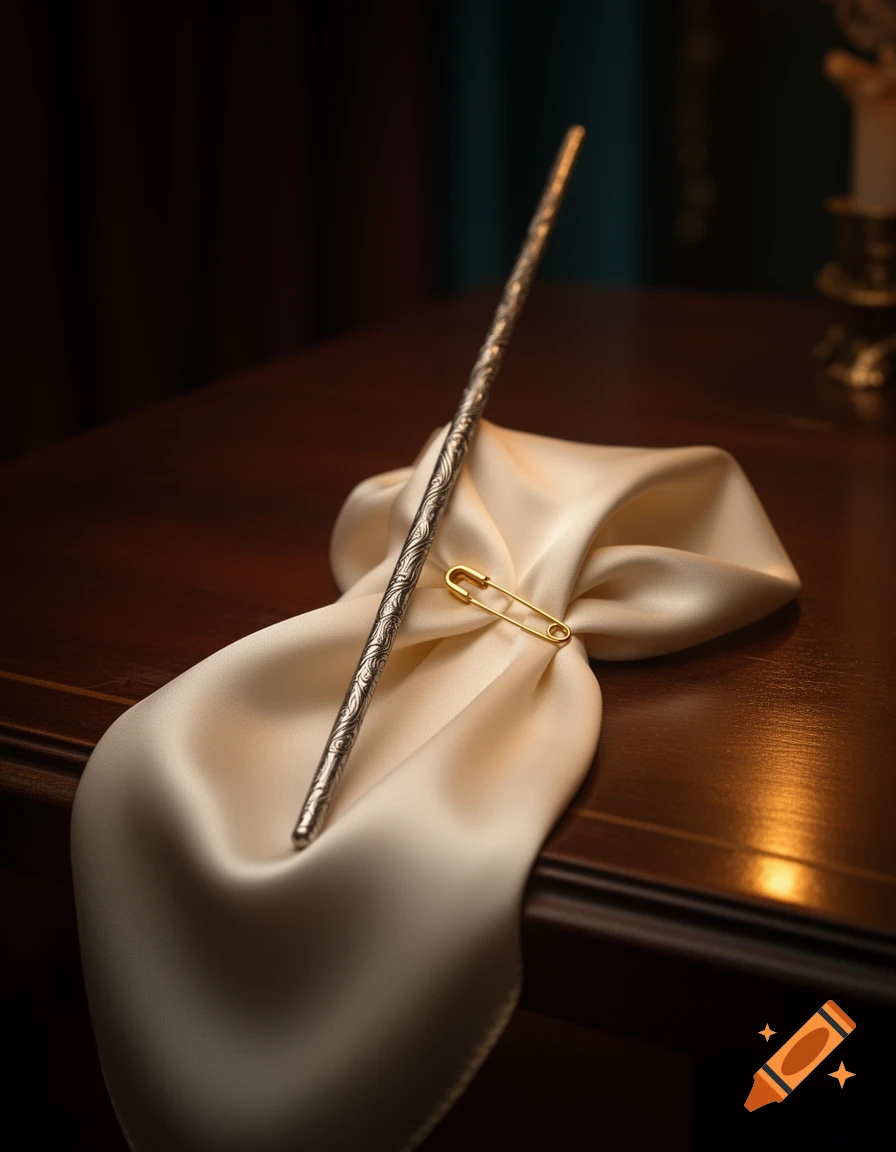 A silver, intricately patterned magic wand rests on a flowing cream silk cloth, secured by a gold safety pin, on a polished dark wooden table in a dimly lit room.