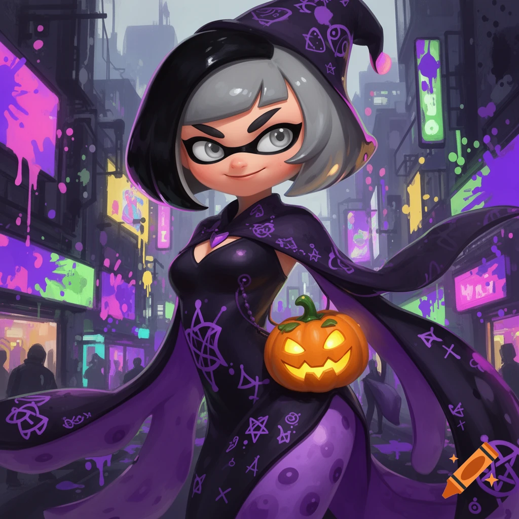 Splatoon 3 style Octoling girl in a witch costume, holding a jack-o-lantern on a neon city street.