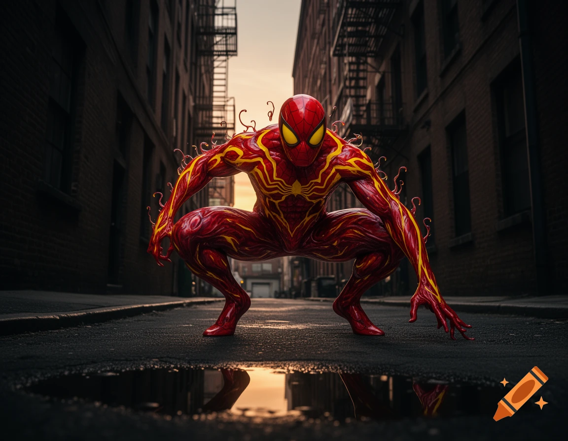 Red and yellow symbiote Spider-Man crouches low in a dark urban alleyway, reflected in a puddle with buildings in the background.