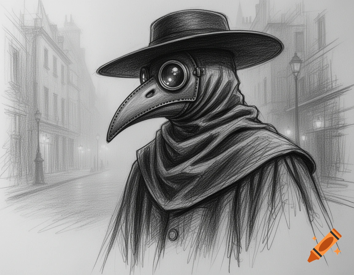 Black and white sketch of a plague doctor in a wide-brimmed hat and bird-like mask, on a foggy street.