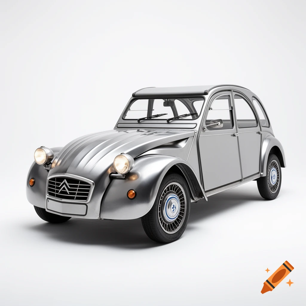 A silver Citroën 2CV car with a ribbed hood and classic round headlights, against a clean white background.