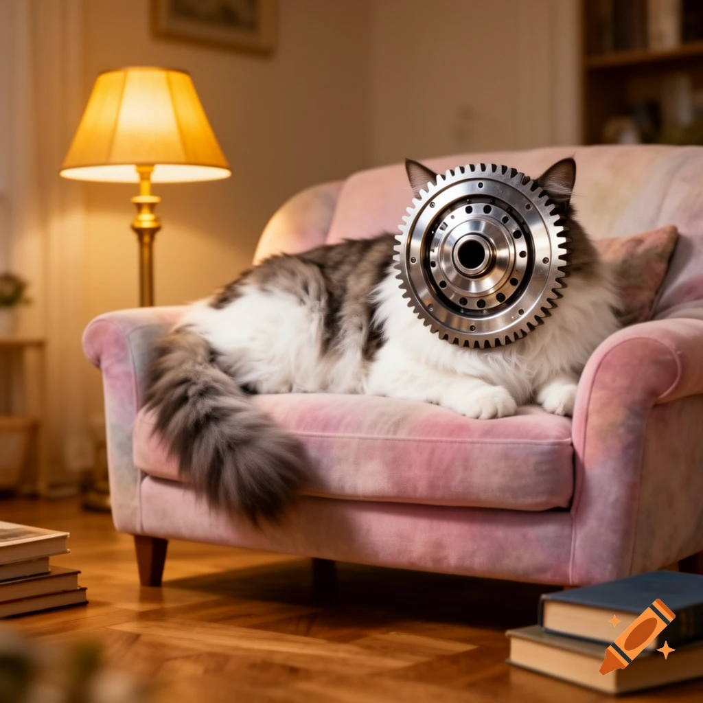 A photorealistic fluffy cat with a large silver gear for a face lies on a pink armchair in a cozy living room.