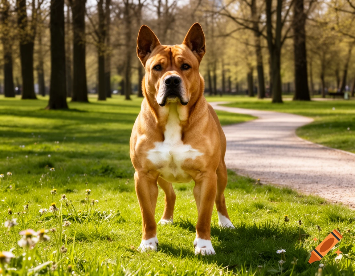 A strong brown and white dog stands on a grassy path in a sunny park ...