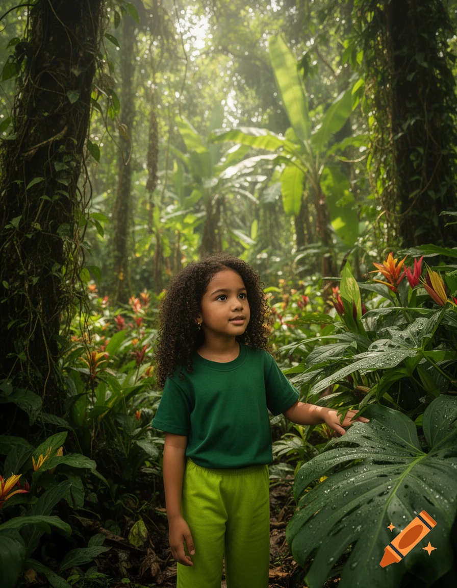 A young girl with curly hair wearing a green shirt and pants stands in a lush, sunlit jungle, touching a large leaf.