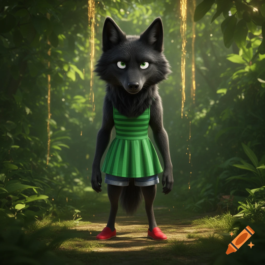 A 3D animated black wolf wearing a green striped dress, jean shorts, and red shoes stands on a forest path.